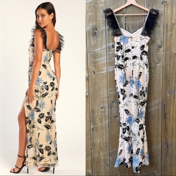 Cream Showstopper Embroidered Sequin Bodycon Maxi Dress 🌿 - Picture 3 of 10